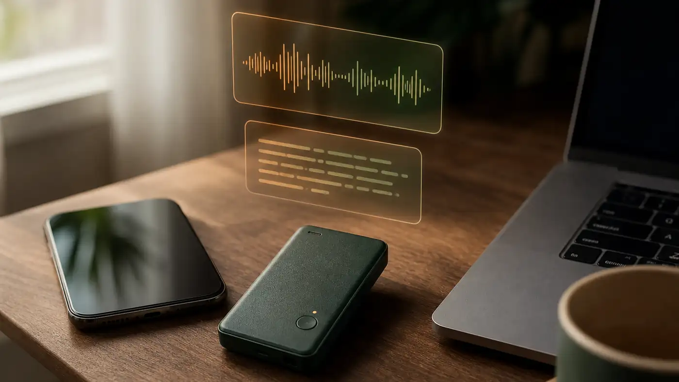 AI voice recorder on a modern desk beside a phone and laptop with visualized transcription panels